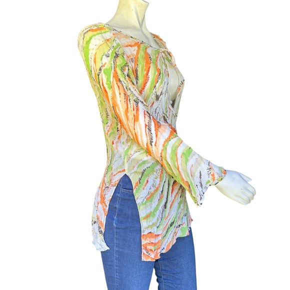 SHAN Green Cream & Orange 100% Silk Flare Sleeve Coverup Blouse Size US 12 - Picture 5 of 10